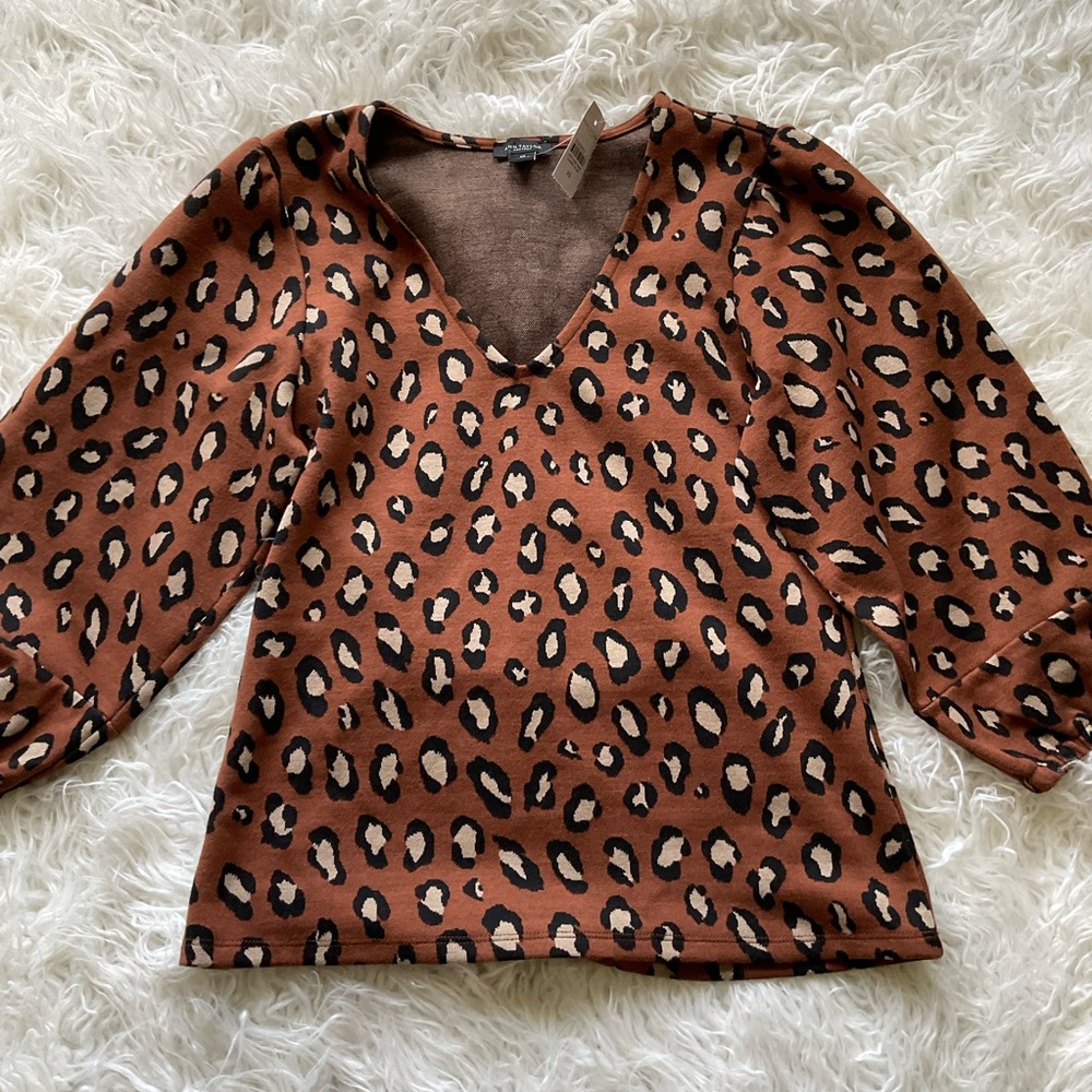 🆕Ann Taylor Knit Leopard V-Neck‎ Puff Sleeves